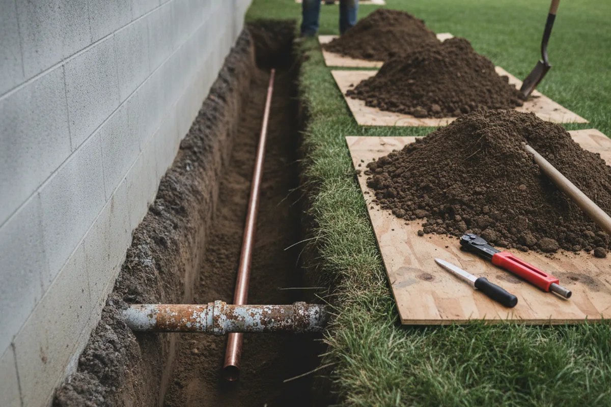 Excavated water line trench during Water Heater Repair in Spirit Lake